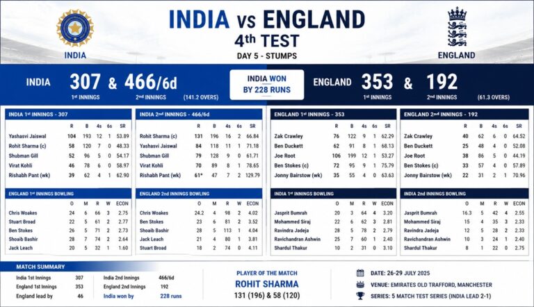 India vs England 4th Test Scorecard