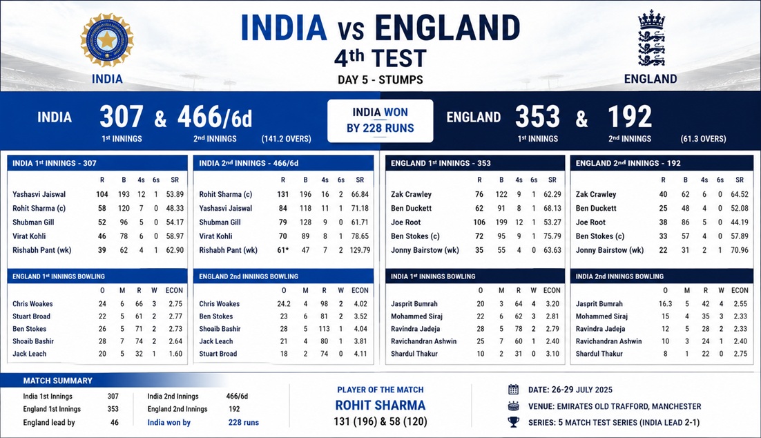 India vs England 4th Test Scorecard