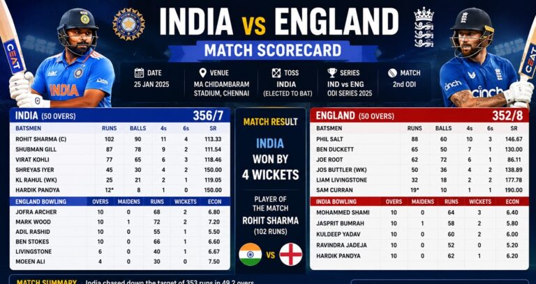 India vs England Cricket Team Match Scorecard
